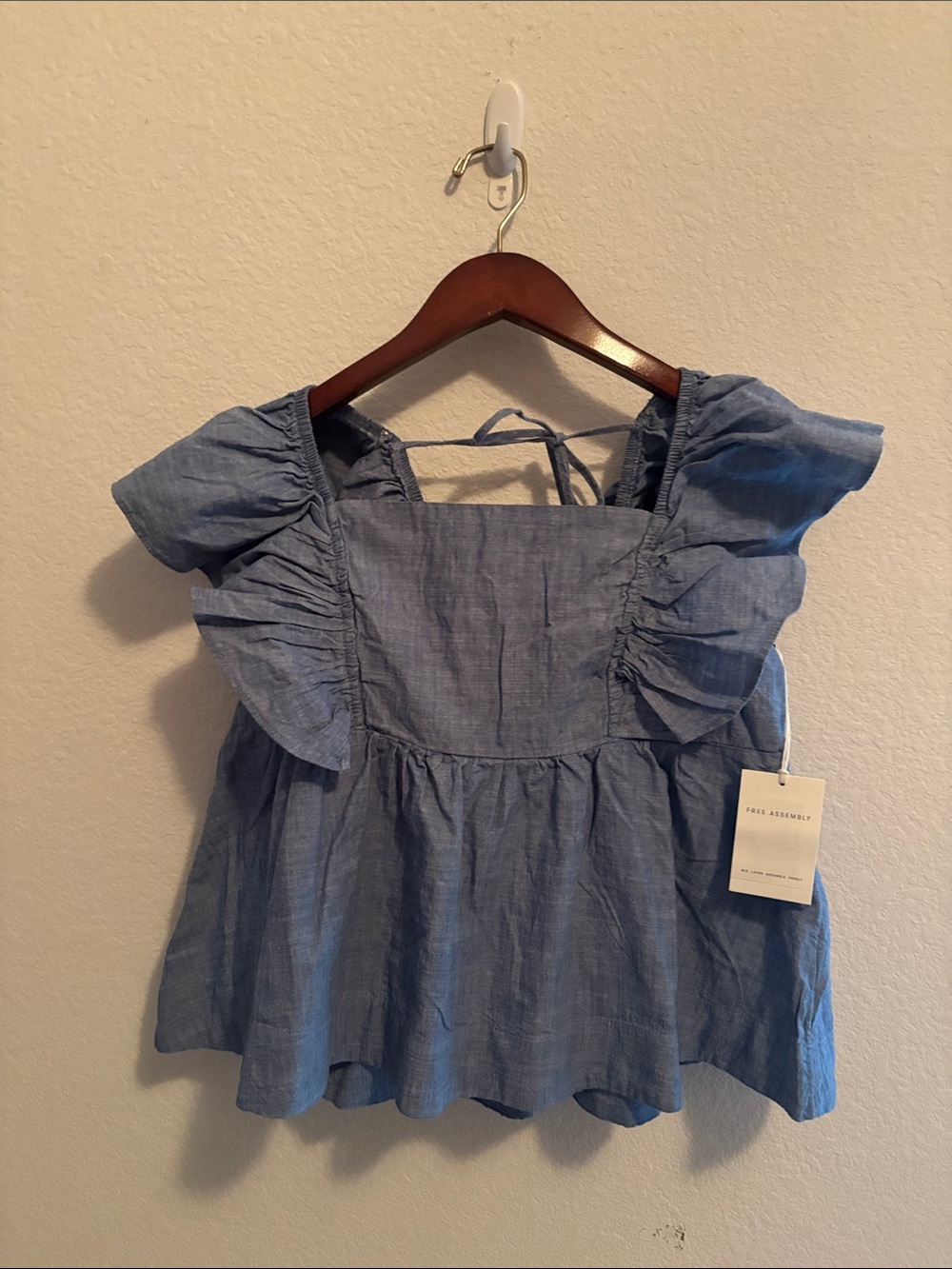 Chambray Square-Neck Peplum Blouse with Ruffle Shoulders